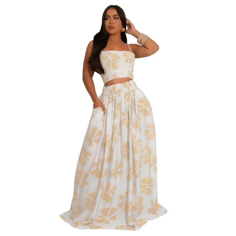 

Customized Floral Printed Beach Boho Women's Set Strap Sleeveless Tank Top and Big Swing Maxi Long Skirts Two 2 Piece Sets Outf