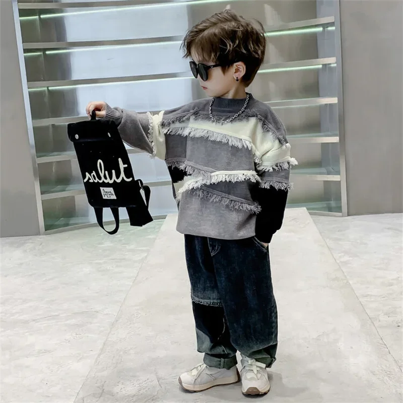 Boys Sweater Wool Coat Kids Tops Knitting Scoop Spring Autumn Plus Thicken Cottons Pullover Teenagers Children's Clothing E4531