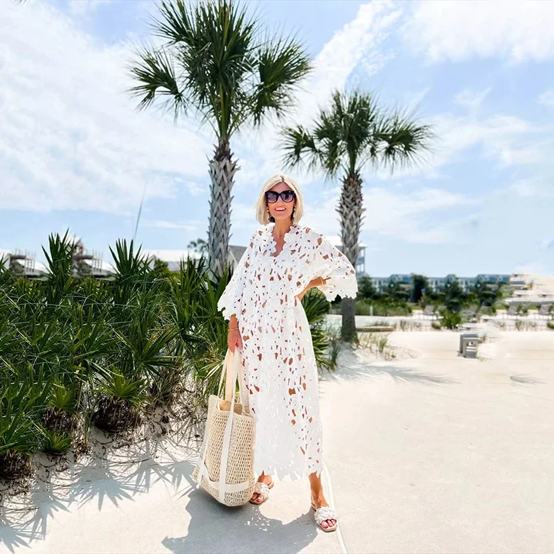 Summer Leisure Loose Beach Holiday Smock Lace Dress for Women Fashion Solid Color V Neck Splicing Embroidery Cutouts Dresses