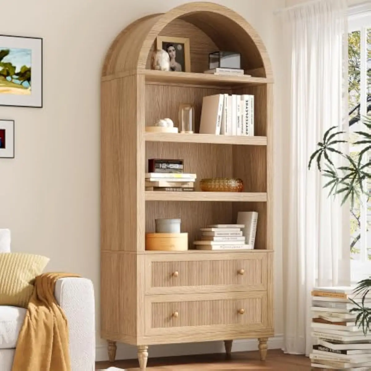 72-inch floor-standing arched bookcase with six customizable open shelves and one smooth-gliding drawer — engineered wood constr