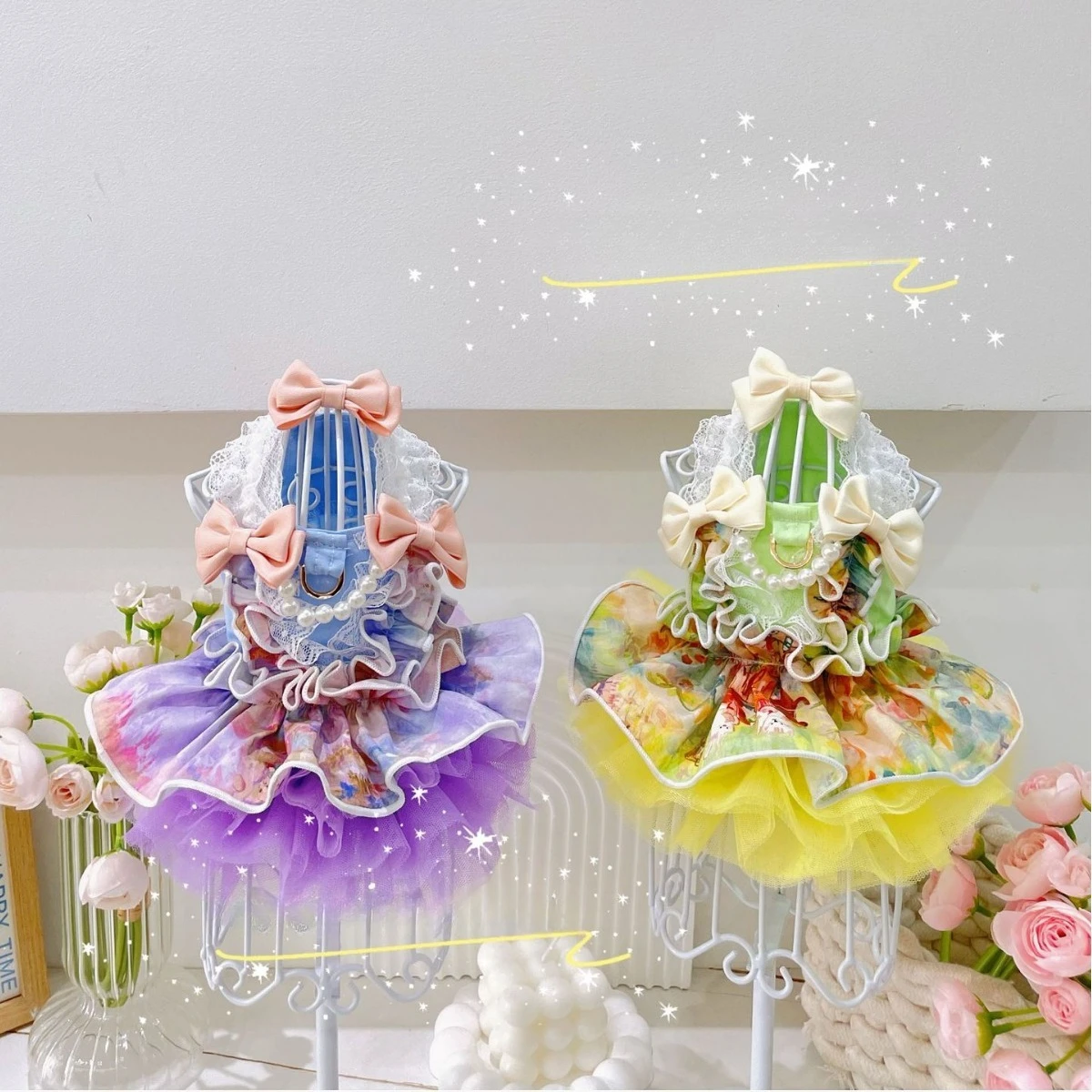 

Lolita Summer Dog Dress with Dopamine Color Palette, Tulle Puffy Princess Skirt for Small Dogs, Breathable Chiffon Pet Clothing
