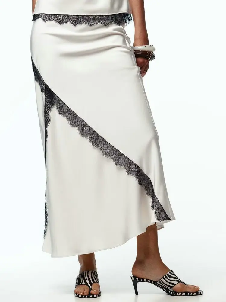 

2025 Autumn Women's Elegant Smooth Satin Spliced Lace Slim Fit Midi Skirt Lady Vintage Long High Waist Elastic Split Clothing