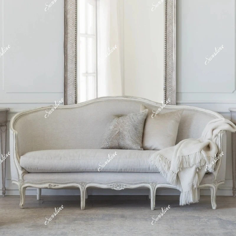 French solid wood retro fabric living room leisure sofa simple