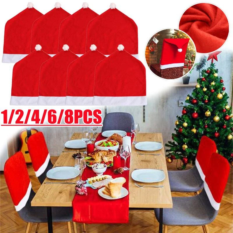 

Merry Christmas Red Hat Chair Cover Removable Washable Xmas Ornaments Chair Clothing for Dining Room Kitchen Living Room