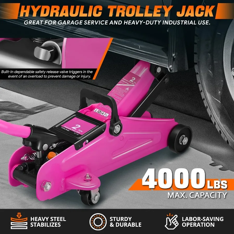 Combinación de cric de piso de servicio de carrito hidráulico de perfil bajo con 2 soportes de gato de trinquete, capacidad de 2 toneladas y 4000 libras, color morado, ideal para automóvil