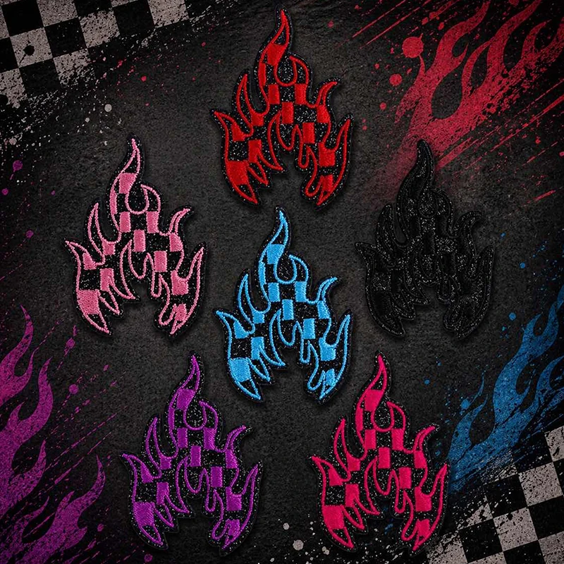 Retro Flame Checker Iron On Patches For Clothing Embroidered Patches Cool Checkerboard Flame Patch Streetwear Jeans Hats Bags