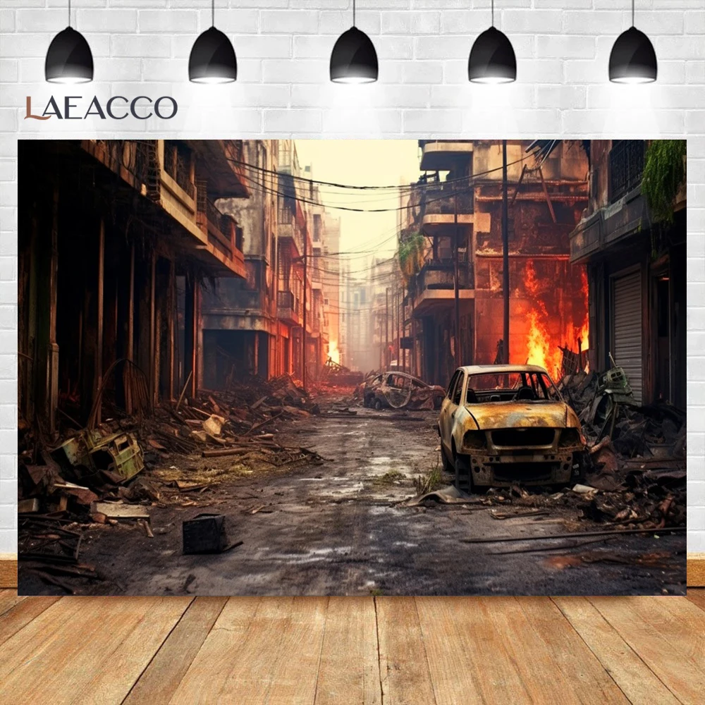 Laeacco Destroyed City Halloween Horror Backdrop Car Fire Dark Sky Apocalyptic Ruined House Photography Background Decoration