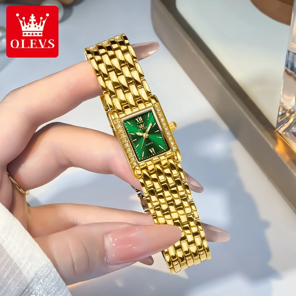 OLEVS 3700 Elegant Fashion Gold Woman Watches Stainless Steel Square Quartz Watch Waterproof Laides Watch Original New Reloj