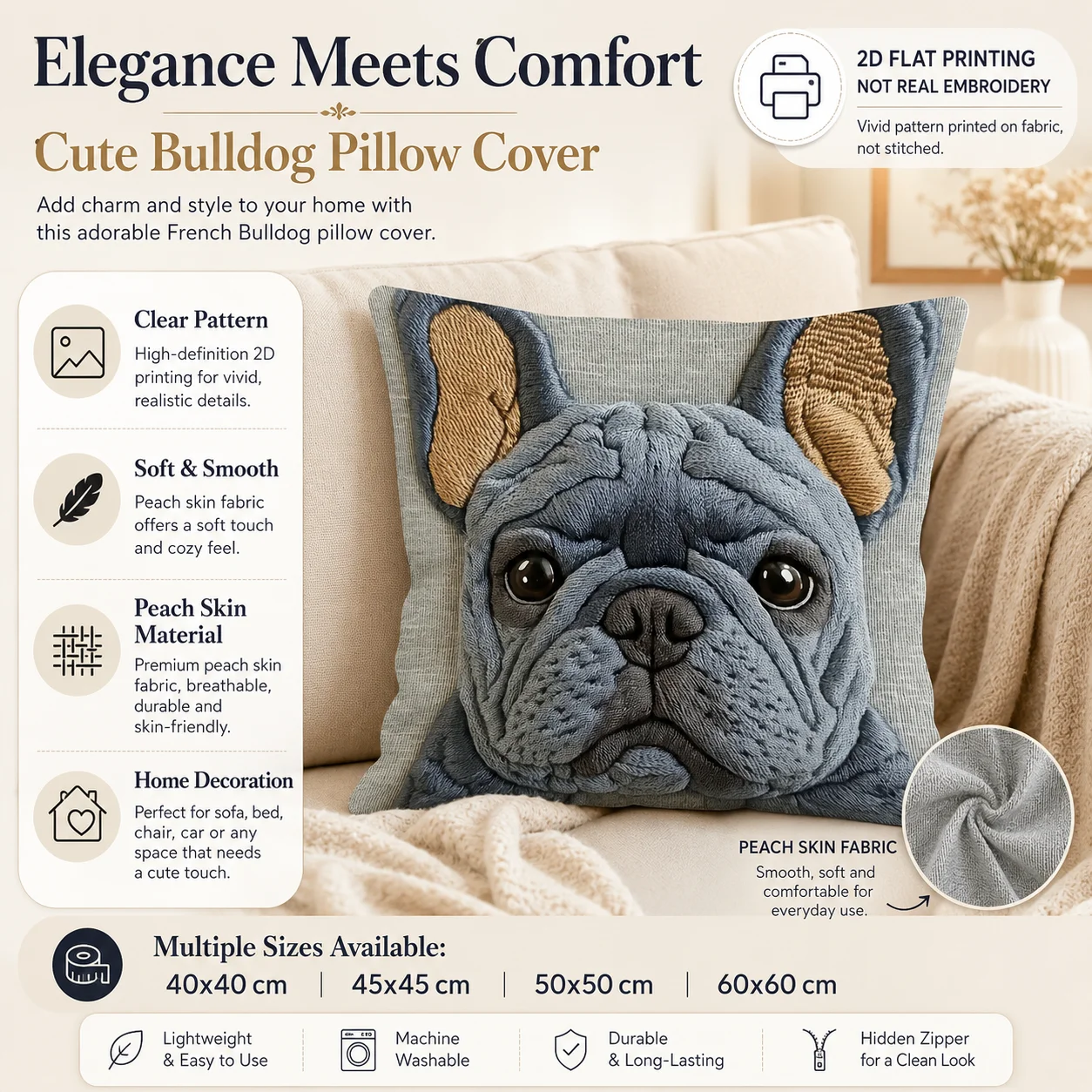 フレンチブルドッグ枕カバー 2D フラットプリントピーチスキ - Home Textiles France のレビューと価格