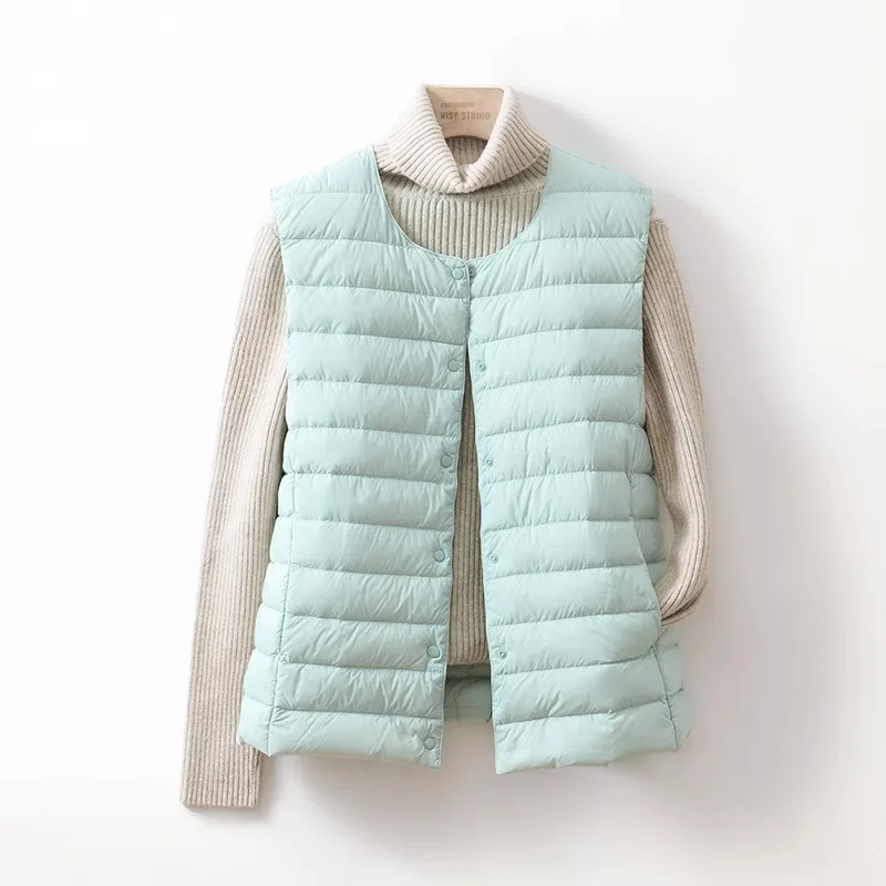 Doublure en duvet sans col pour femme, col en V en émail, veste chaude légère, gilet à col rond, automne et hiver, nouveau