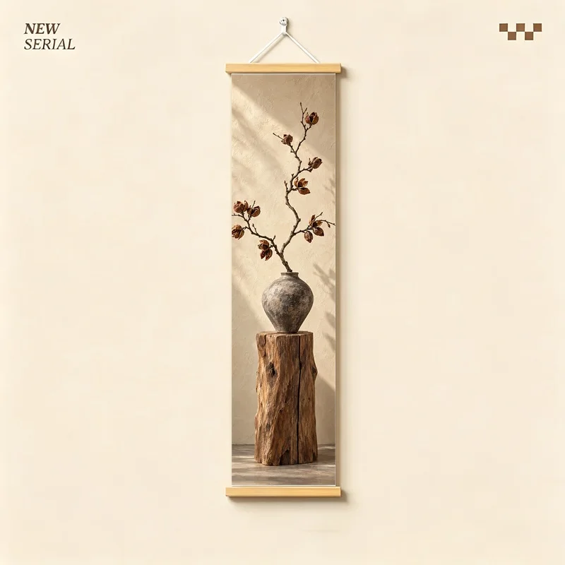 Wall Decor Magnolia Pod and Okra Pod, Natural Wabi-Sabi Botanical Silver Shimmer Canvas Hanging Scroll for Zen Sanctuary