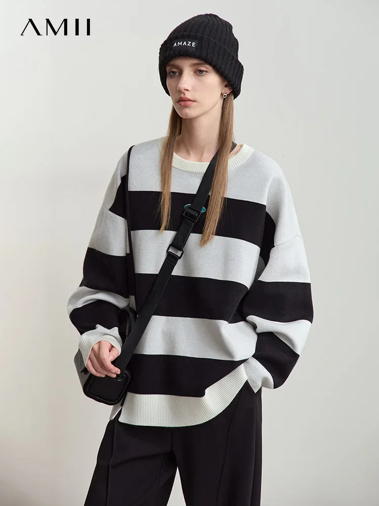 

Amii 2025 Winter Christmas Sweaters Women's Clothing Long Sleeves Embroidered Striped Sweater Loose Pullover Knit Top 12444247