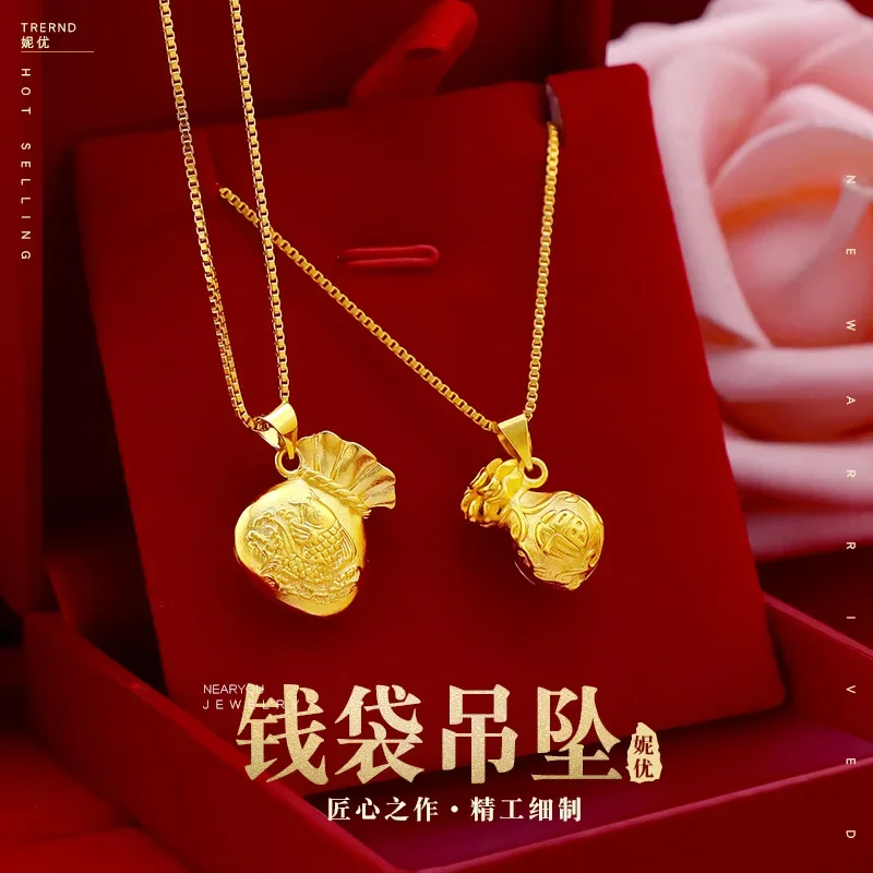 9999 Real Gold 24K Ancient Money Bag Necklace Solid Goldfish Money Bag Pendant Female