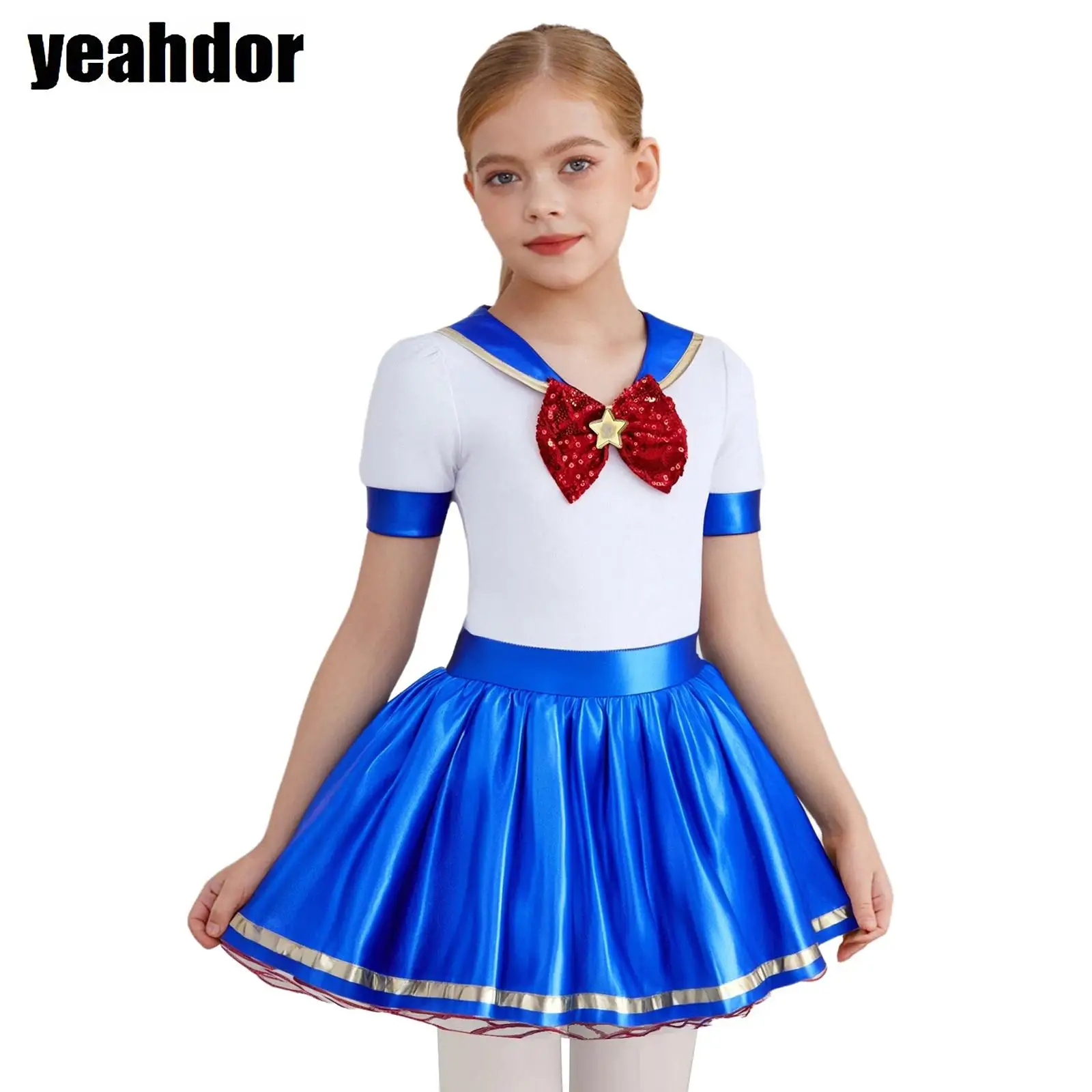 

Girl Sailor Cosplay Costume Metallic Ballet Leotard Dress Crew Neck Short Sleeve Detachable Bow Tie Ruffle Puffy Dress Halloween