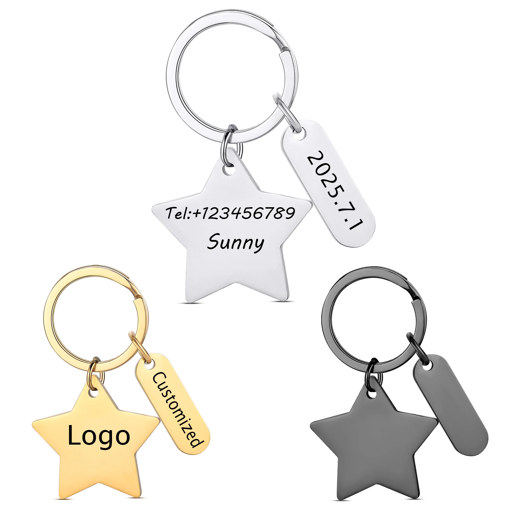 

1Piece Stainless Steel Star Keychain Mirror Polishing Personalized Engraved Name Tel Date Logo Pet Choker Tag With Keyring