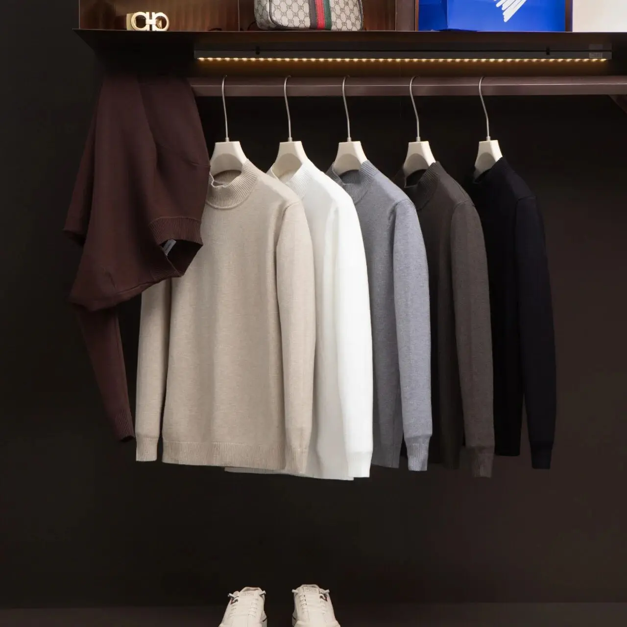 Warm Knitted Men's Sweater f High Collar  Mixed Fabric Autumn Winter Faionable Tight Fit Long Sve Crew Ne