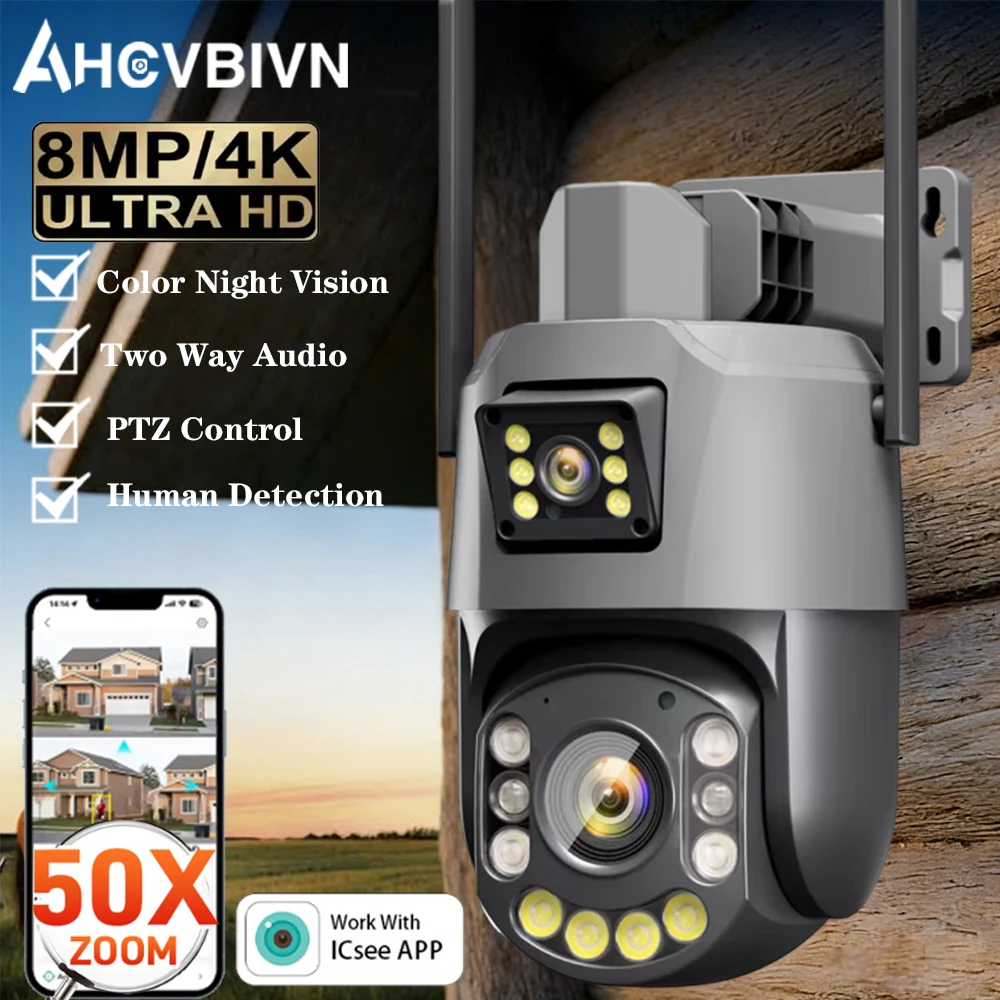

8MP 50-кратный оптический зум, PTZ IP-камера с двумя объективами, Wi-Fi, полноцветное изображение, AI-детектор человека, домашняя система безопасности, камера видеонаблюдения.