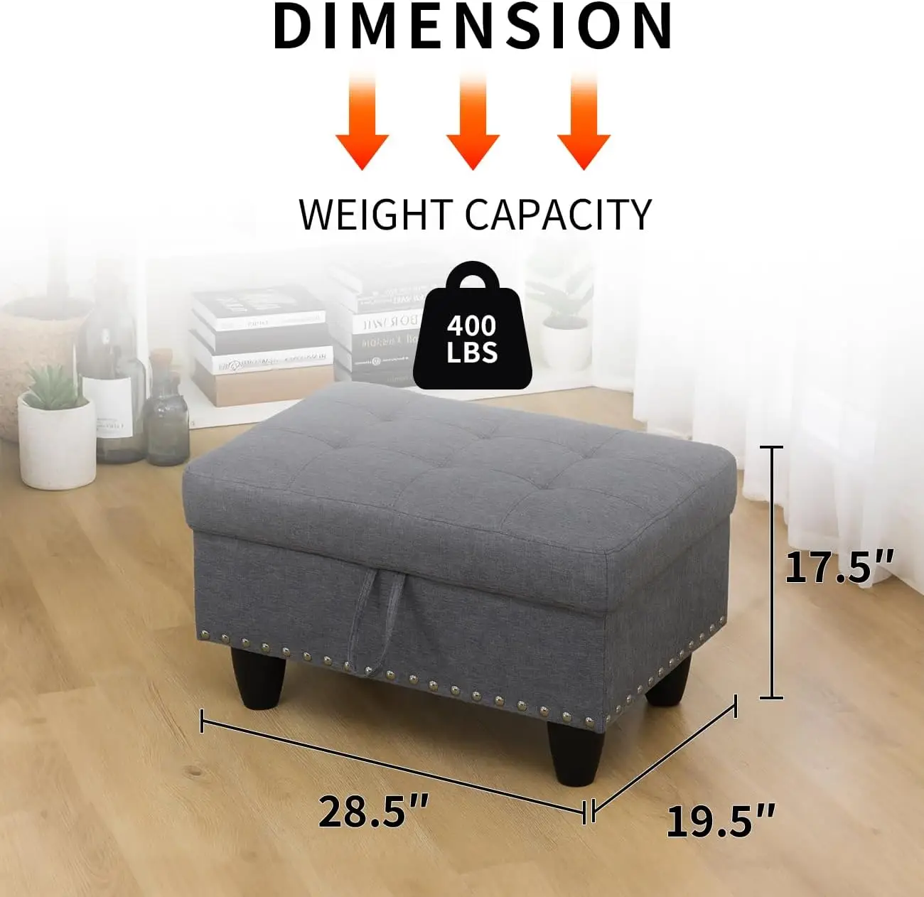 Chesterfield Storage Ottoman, 28.5-Inch Large Square Retro Rivet Footstool Bench and Coffee Table with Thick Cushion, Dark Grey Linen, for Entryway, Living Room, Bedroom, RV, Home Decor