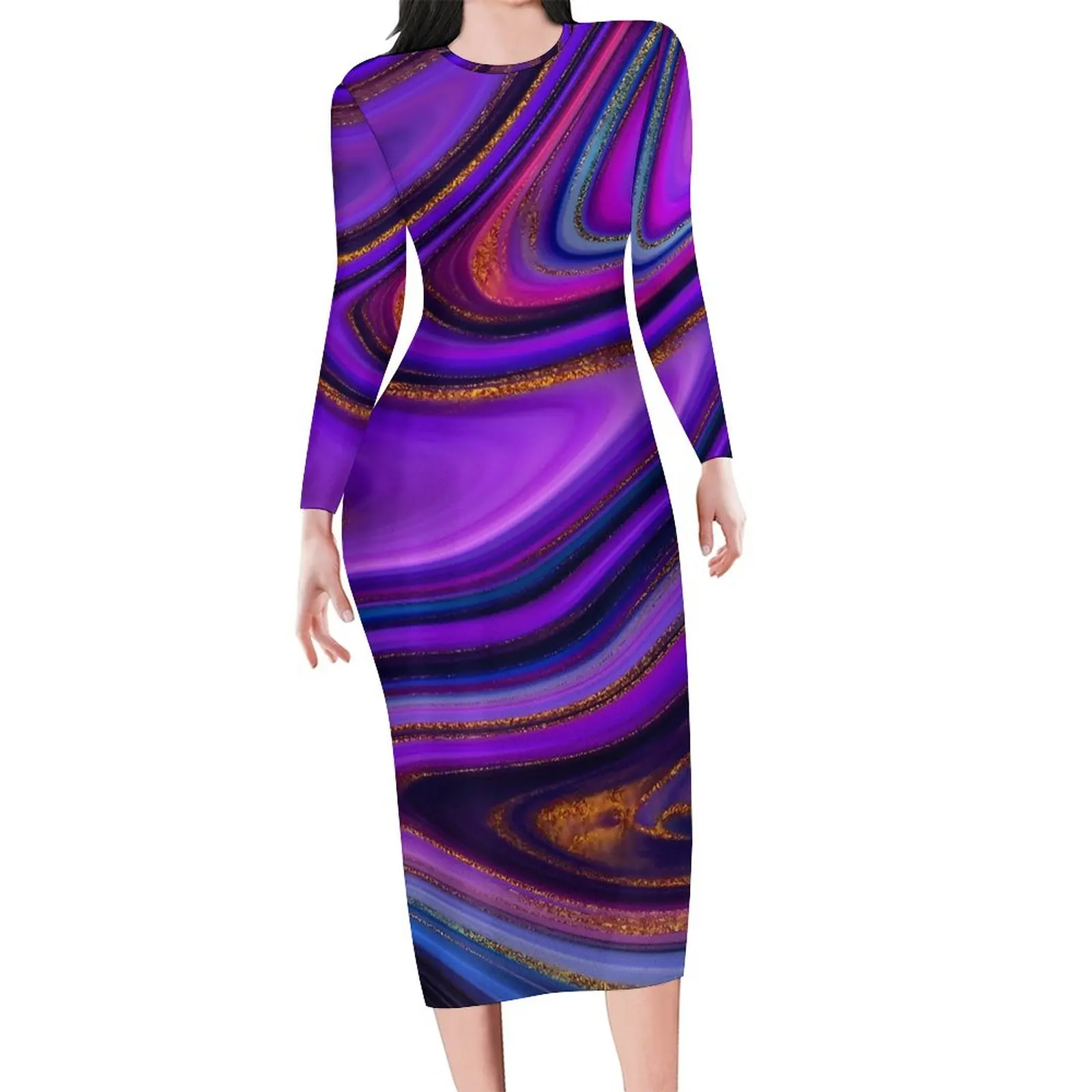 Abstract Marble Dress Long Sleeve Liquid Print Korean Fashion Dresses Autumn Elegant Bodycon Dress Womens Custom Big Size Vestid