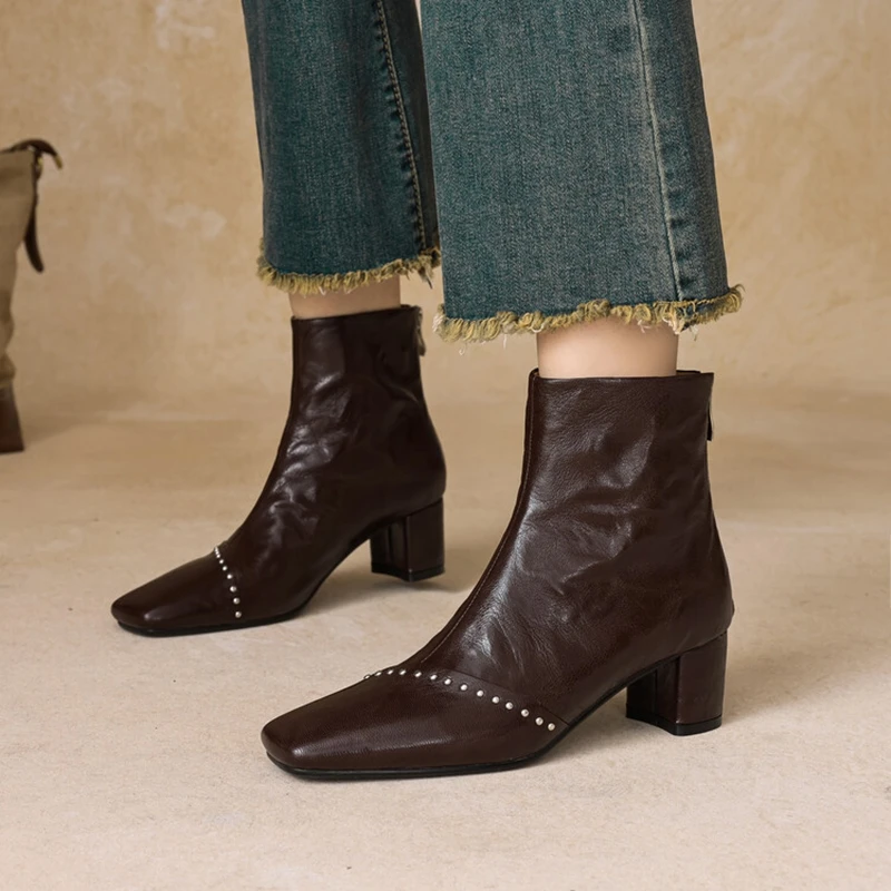 NEW Autumn/Winter Women Boots Genuine Leather Shoes for Women Square Toe Chunky Heel Shoes Rivet Zipper Modern Boots Daily Shoes
