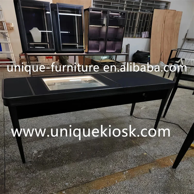 custom.Luxury Black Jewelry Display Table, Custom Glass Top Jewelry Counter with Drawer Retail