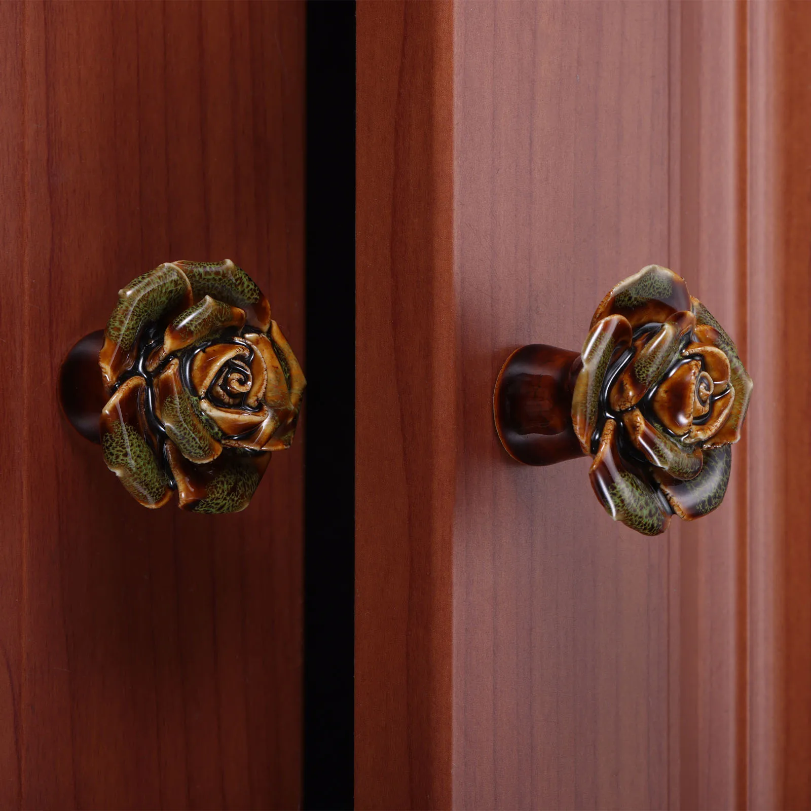 Ceramic Rose Handle w/screw Single Hole Flower Knob Glazed Leopard Pattern Pull Decor Cabinet Drawer Furniture Doors 40mm 1.4\