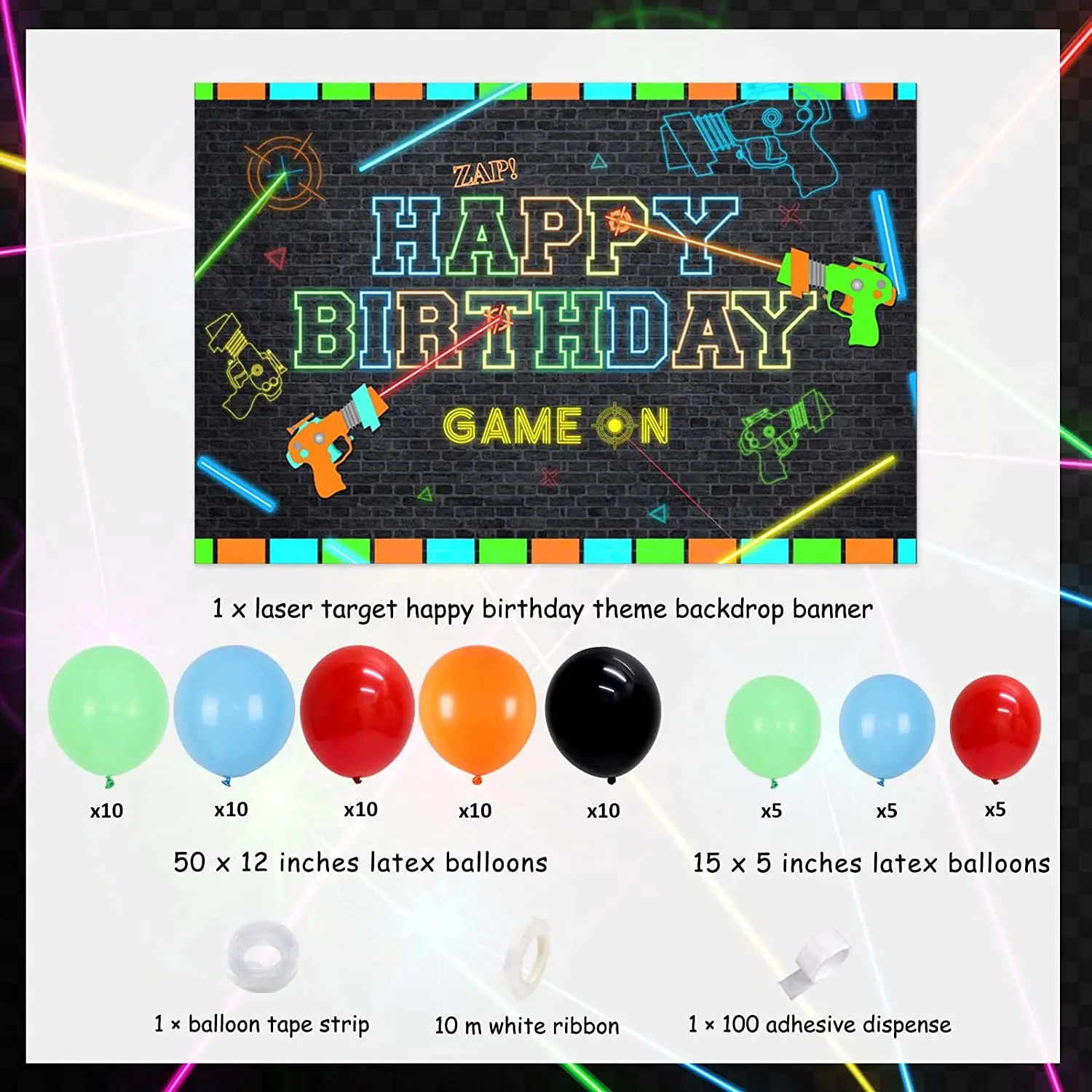 Sursurprise-Laser Tag Birthday Decorations, Neon Glow, Happy Birthday Backdrop Balloons, Laser Game Theme, Party Supplies