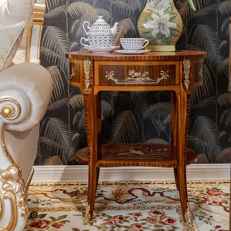N French Luxury Oval Double-Layer Hand-Painted Coffee Table American Country Painted Living Room Sofa Side Table