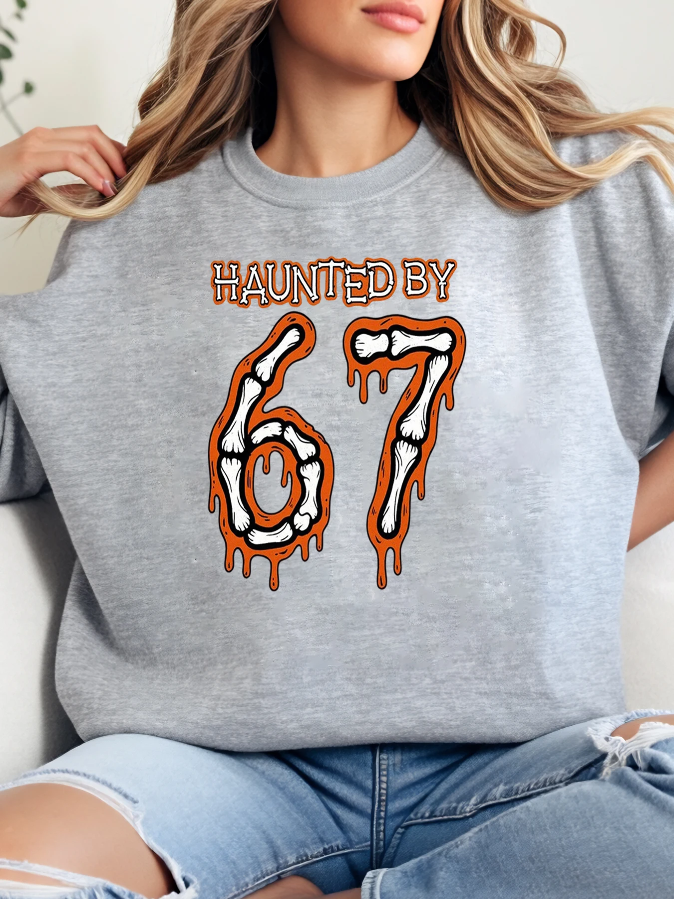 Haunted by 67 Bones Print Halloween Crewneck Sweatshirt Women Casual Wear Party Outfit Gray Plus-Size