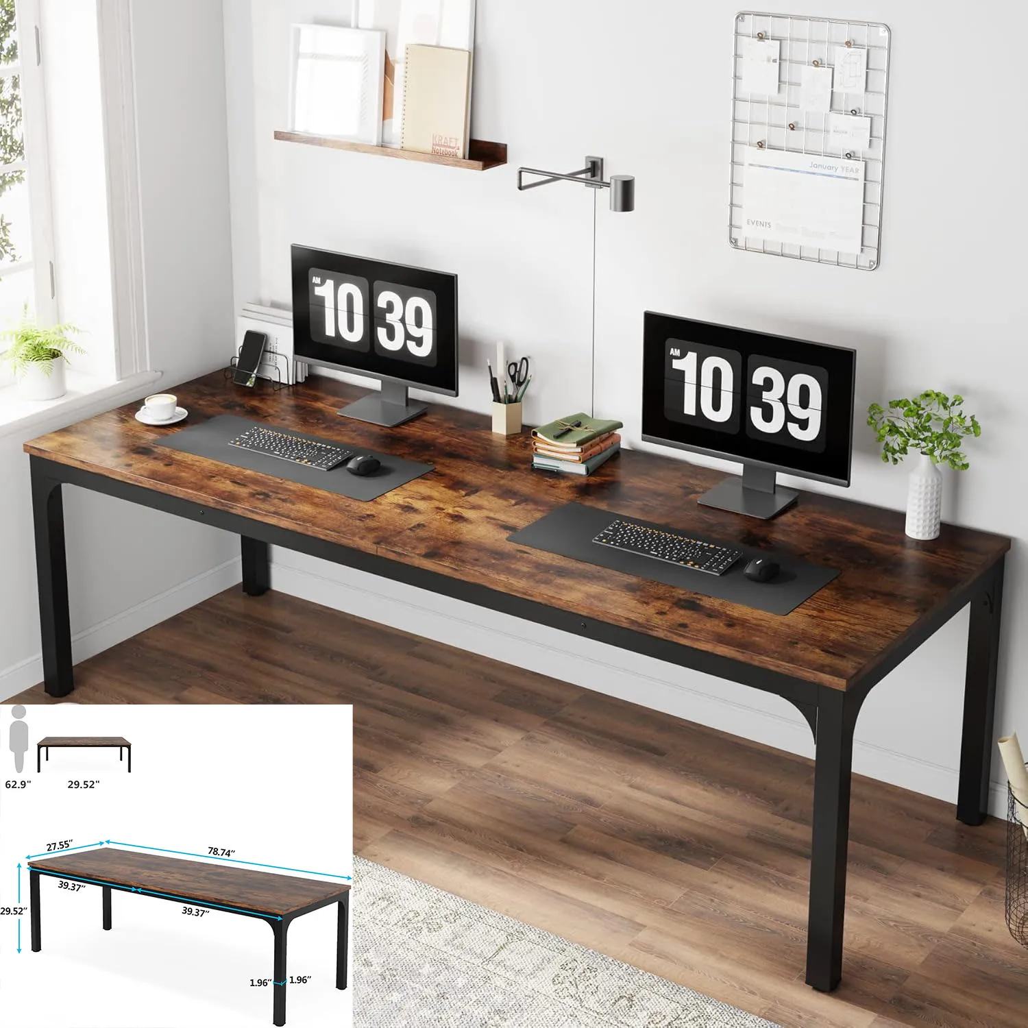 Computerbureau, 200 x 60 x 82 cm, dubbel lang bureau met 2 lades, kantoortafel, werktafel, kantoormeubilair