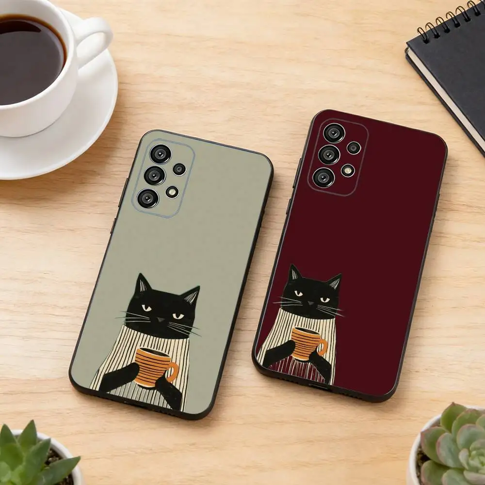 

The Lazy Cat with Coffee Phone Case Black Silicone Soft For Samsung S25,S24,S21,S22,S23,S30,Ultra,S20,Plus,Fe,Lite