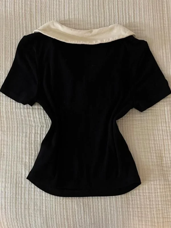 

Faionable Bla ort Sve T-irt Original Design Summer 2025 Sli Versatile Fake Two-Piece Top Casual Slim Fit Polye...