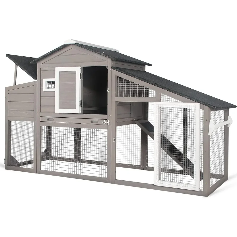 Chicken Coop Wooden for 2-3 Chickens,2 Story Poultry Cage with Run,Chicken Nesting Box,Pull Out Trays and Anti-Slip Asphalt Ramp