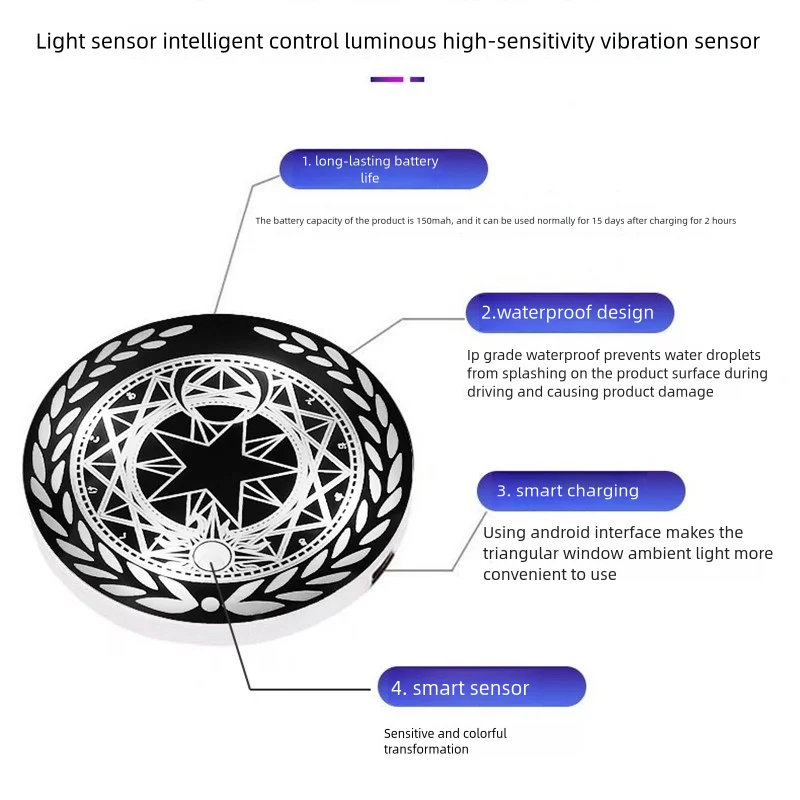 Car Triangle Window Atmosphere Light Coaster Lamp Vibration Sensor USB Wireless Multi-color Logo LED Decoration Breathing Light view 4