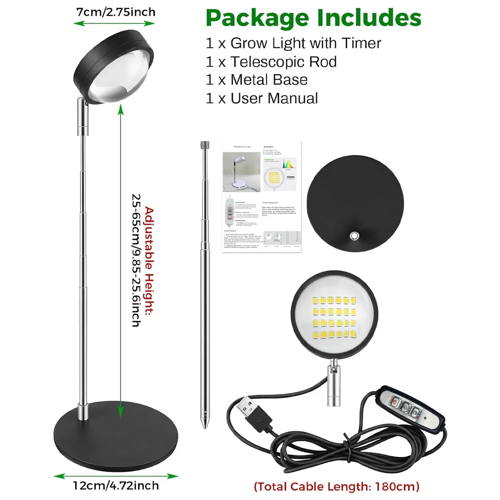 Full Spectrum Plant Grow Light 25-65CM Telescopic Stand Usb Timer Phyto Lamp Indoor Houseplant Bonsai Cactus Seedling