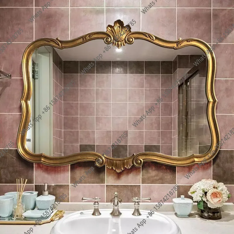 N62 European retro carved makeup mirror bathroom large antique gold wash mirror bathroom wall hanging personalized dressing