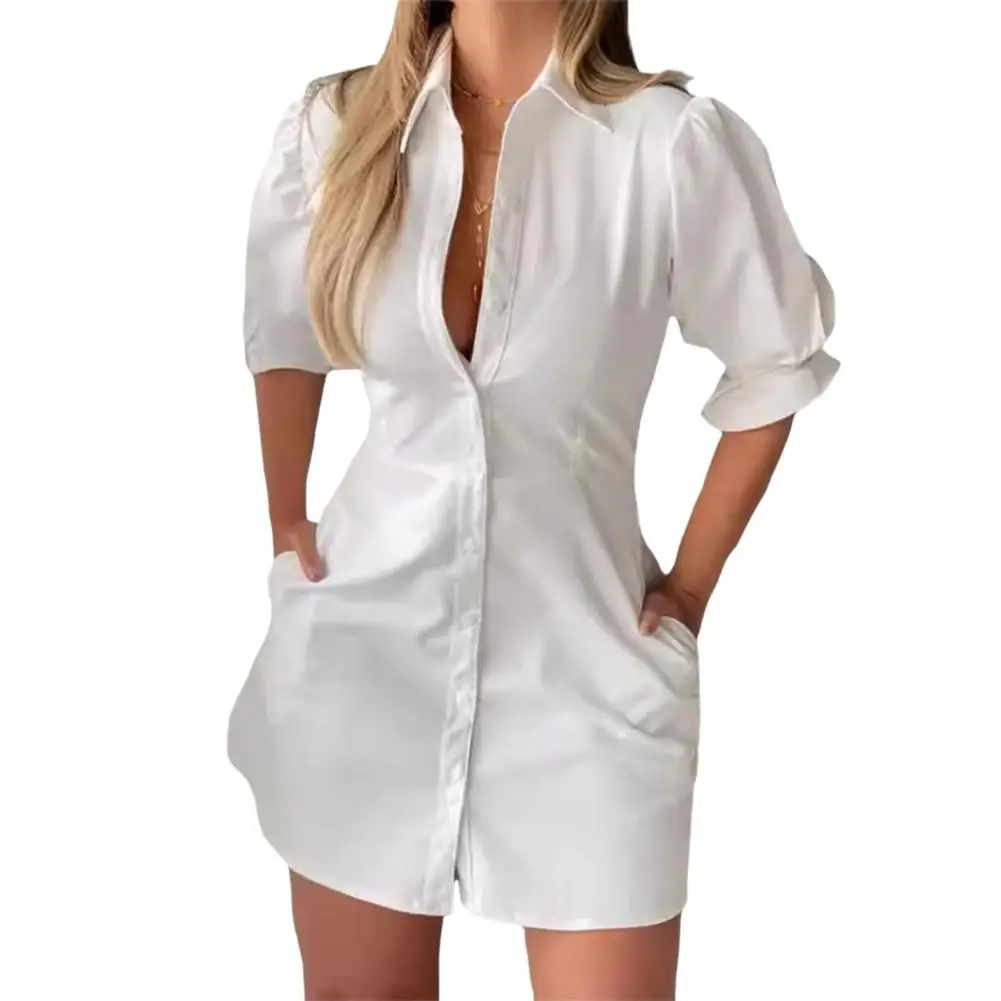 

Lapel Mini Dress Elegant Lapel Shirt Dress for Women Short Sleeve Business Midi Dress Solid Color Office Attire for Summer Slim