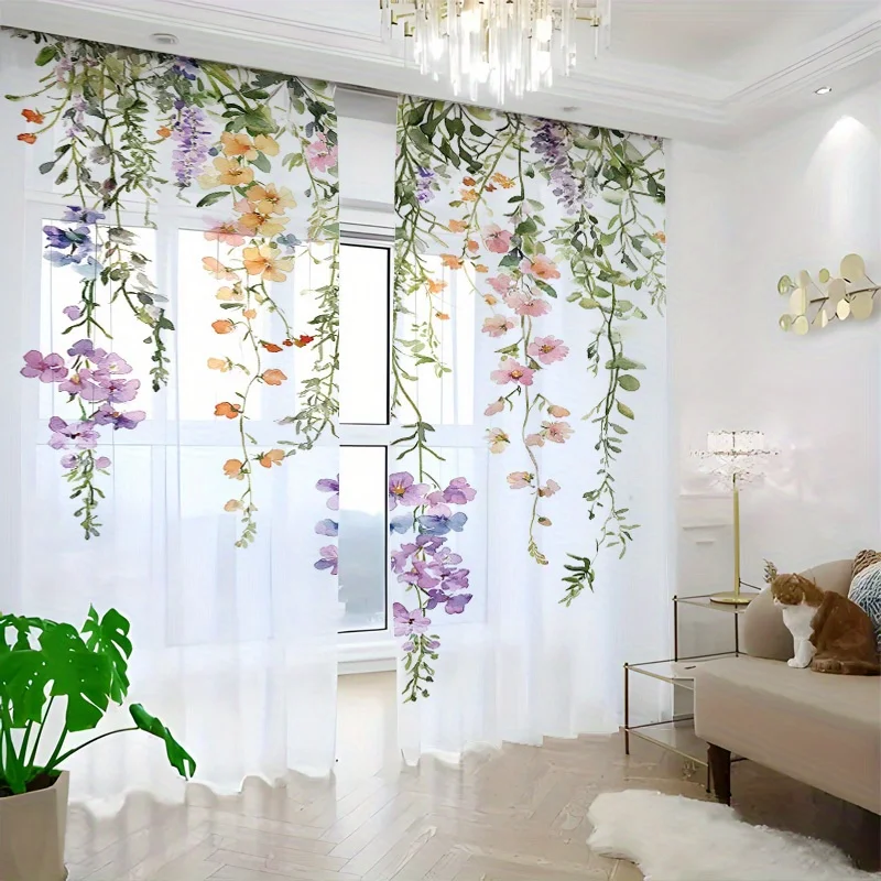 2 Stück Transparente Vorhänge, Mehrfarbig, Kaskadierendes Blumen- und Botanikmuster, Geeignet für Schlafzimmer und Wohnzimmer, mit Gardinenstangen-Einschub