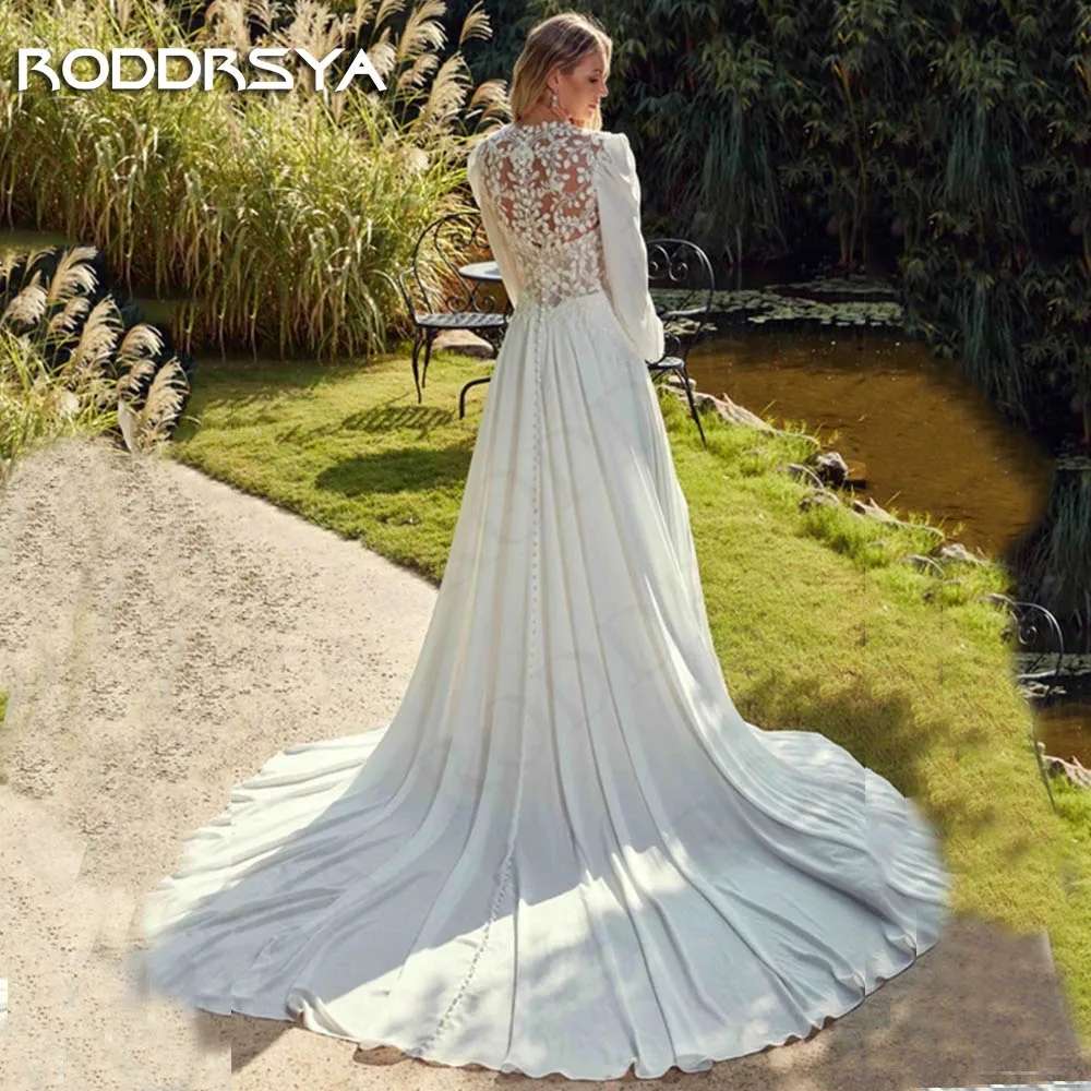 RODDRSYA gaun pernikahan sifon Boho gaun pengantin lengan panjang dapat dilepas gaun pengantin renda A Line ilusi applique pantai