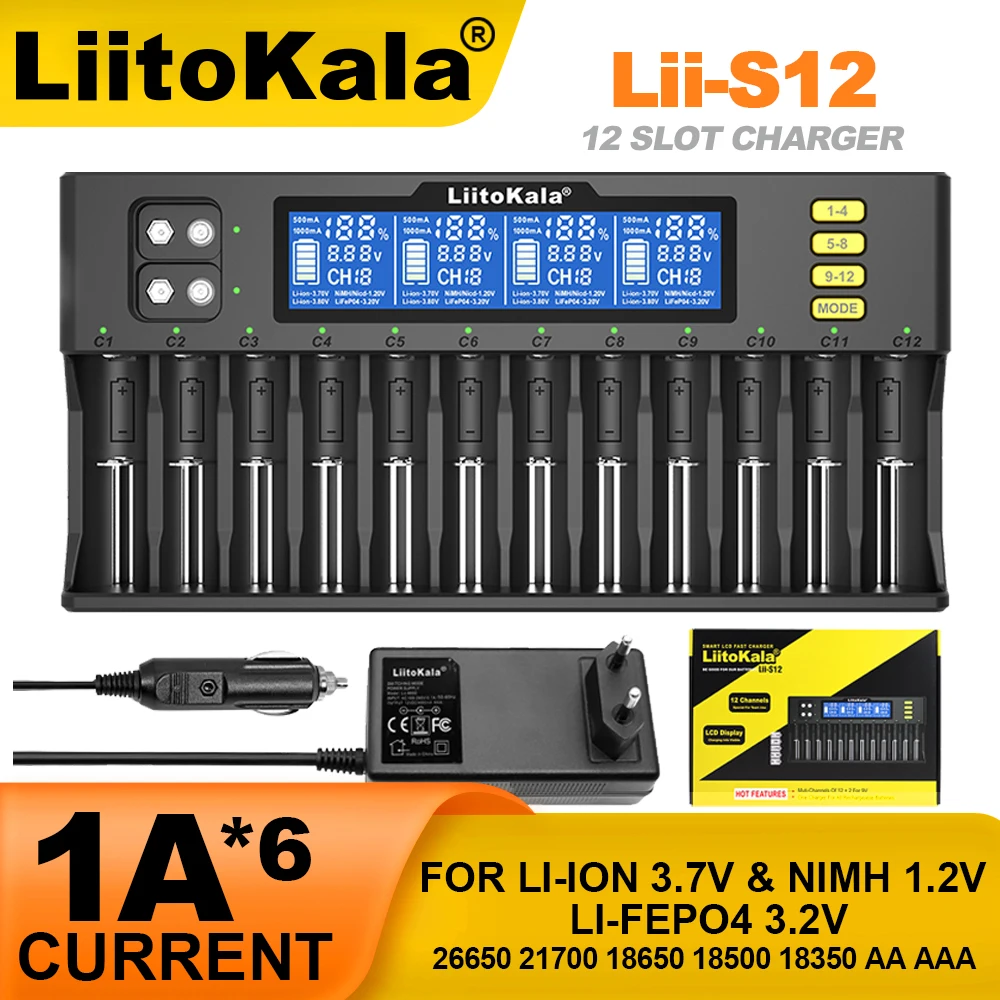 

LiitoKala Lii-S12 12-Slot LCD Battery Charger for Li-ion LiFePO4 Ni-MH Ni-Cd 9V 21700 20700 26650 18650 16340 18350 RCR123 18700