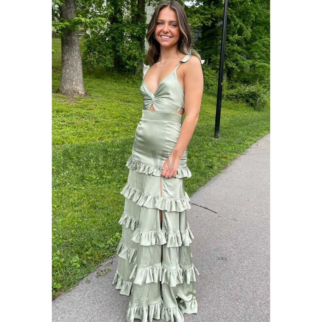 V넥 새틴 프롬 드레스 바닥 길이 인어 이브닝 가운(스플릿 맞춤형)