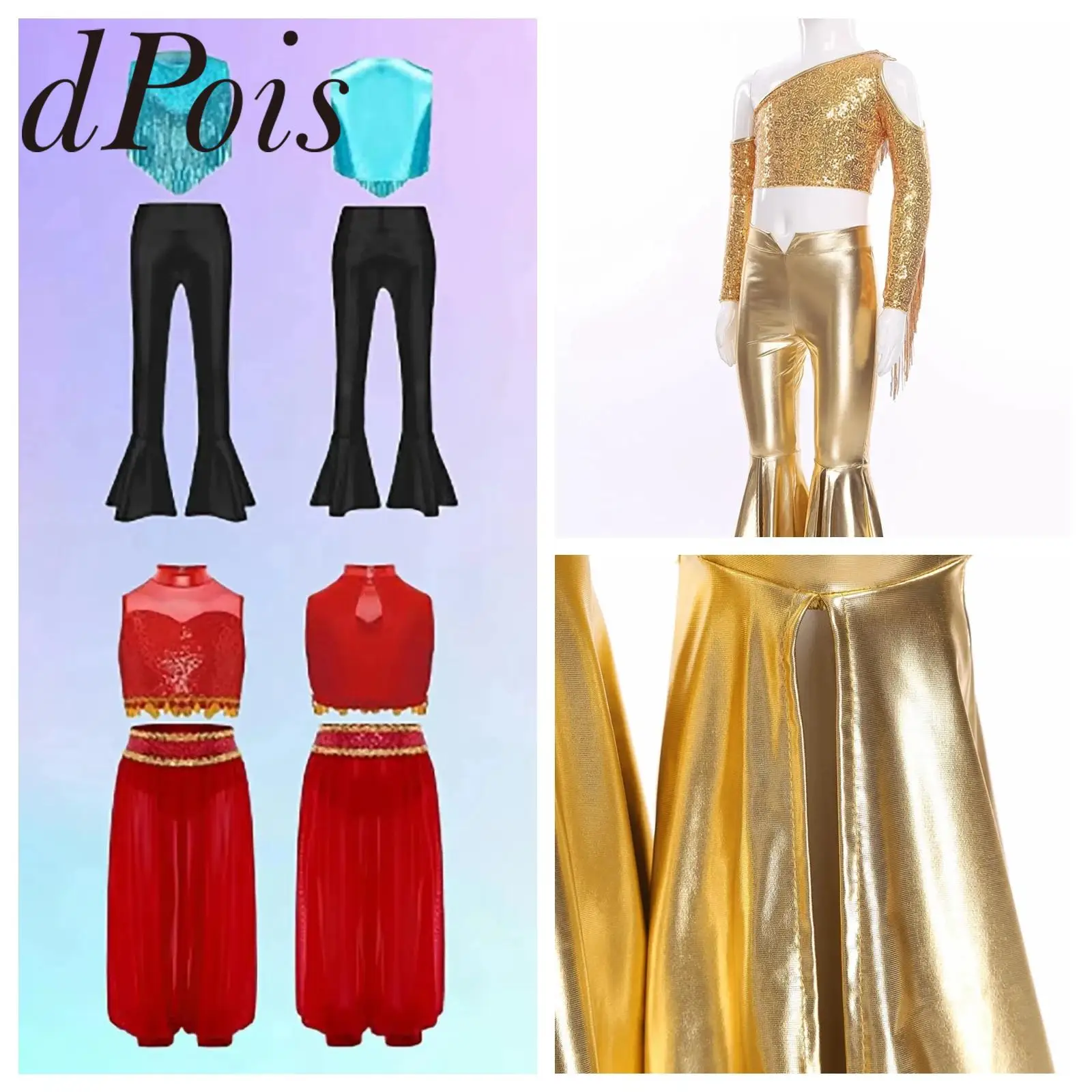 Kids Girls Shiny Sequins Jazz Hiphop Party Performance Costume Tassels Ballet Outfit Disco Metallic Princess Belly Dance Costume