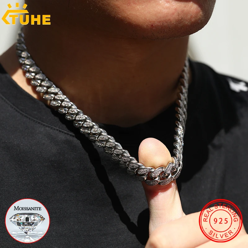 12mm Miami Cuban Necklace Gold Color Chain Solid Ice Moissanite Men's Hip Hop Link Choker Fashion Rock Jewelry