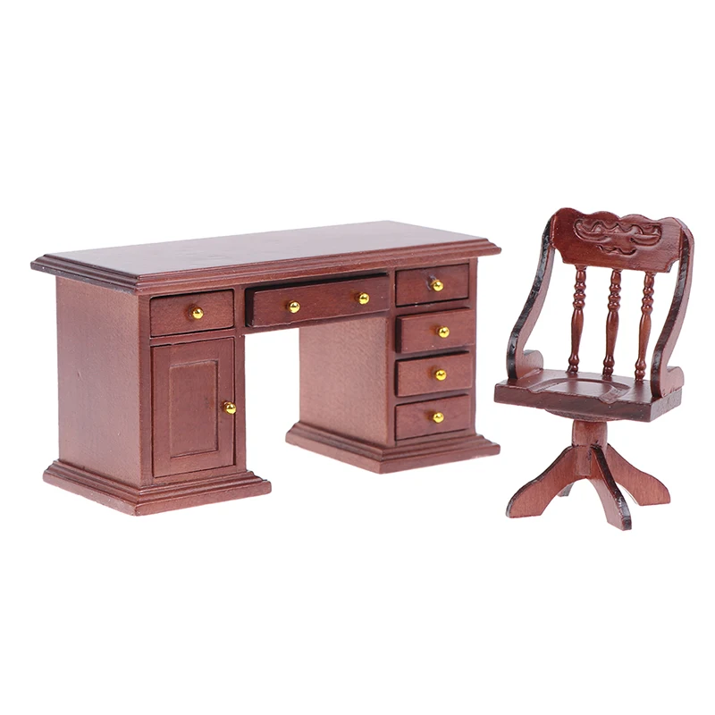 ドールハウス装飾アクセサリー,ミニチュア木製コンピューターデスクチェア,家具,1セット1/12