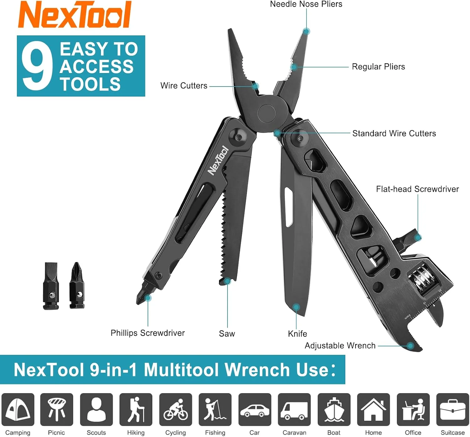 NexTool Adjustable Wrench W3 9 in 1 Multitool Pliers Wire Cutters Saw Screwdrivers Cutting Tool For Camping Emergency Kit