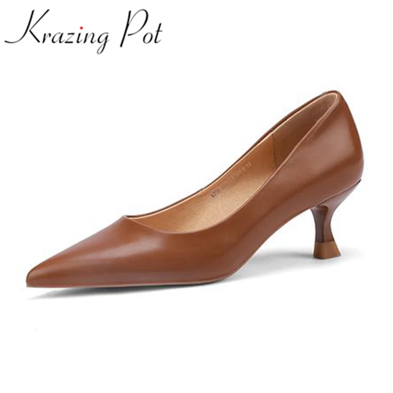 Krazing Pot Cow Leather Pointed Toe Thin 2024 High Heels Daily Wear Shoes Slip On Basic Clothing Design Shallow Summer Pumps