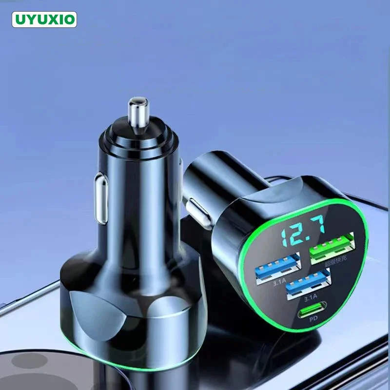 4 in 1 USB C Car Charger Adatper with LED Voltage Monitor Super Fast Charge  for iPhone Samsung Huawei Oneplus Android Phone