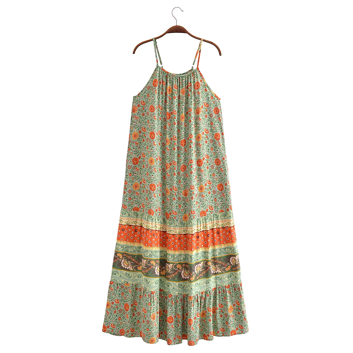 Vestido largo bohemio con estampado de flores para mujer, vestido Midi holgado con dobladillo fruncido, Color verde contrastante, 2023