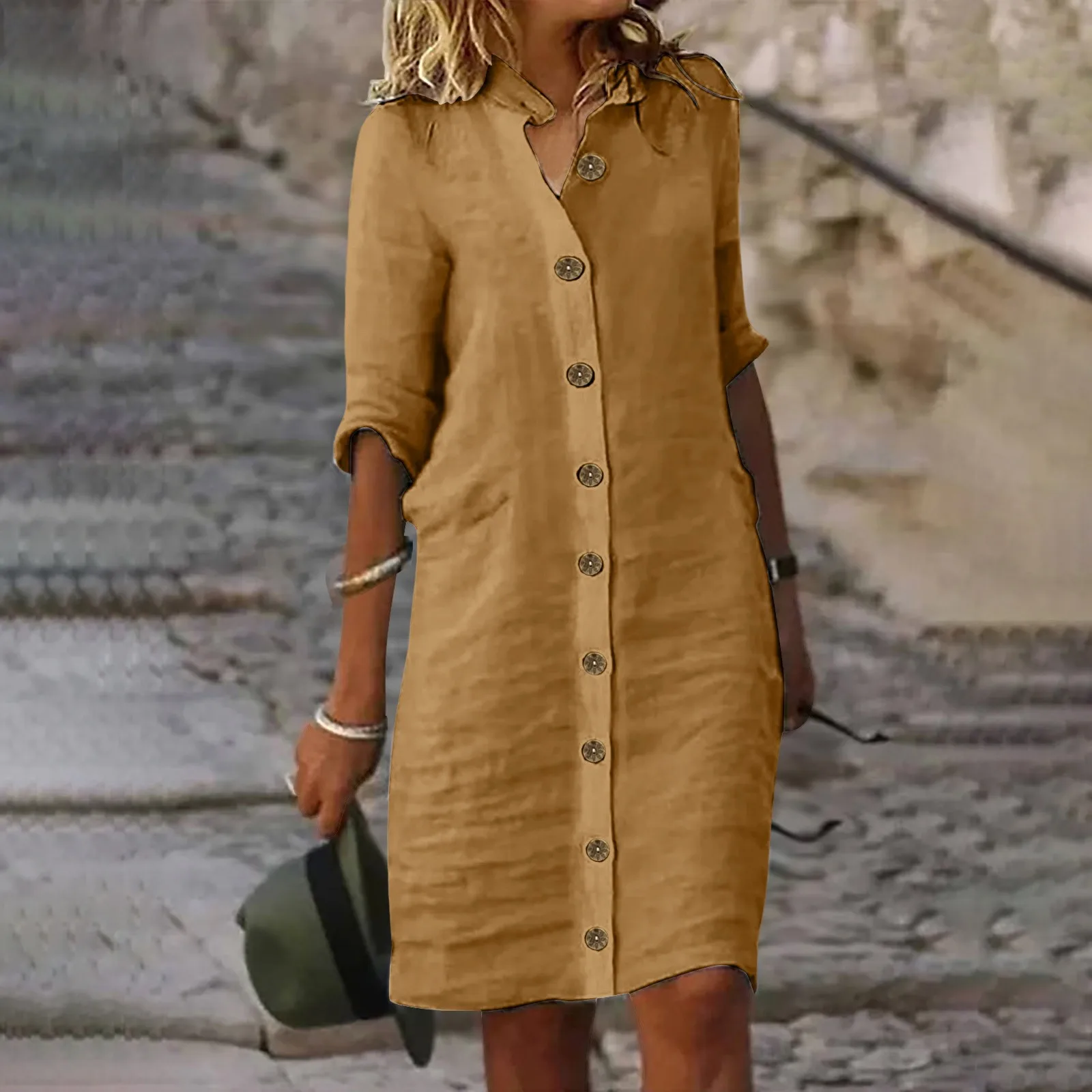 

New Solid Color Loose Mid Length Skirts Women's Casual Dress Mid Sleeve Lapel Large Round Button Wash Water Wrinkles Dresses