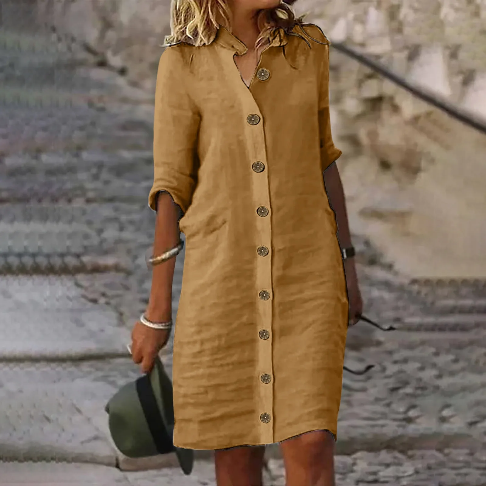 New Solid Color Loose Mid Length Skirts Women's Casual Dress Mid Sleeve Lapel Large Round Button Wash Water Wrinkles Dresses